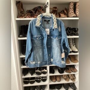 Distressed Blue Denim Jacket with Pearls